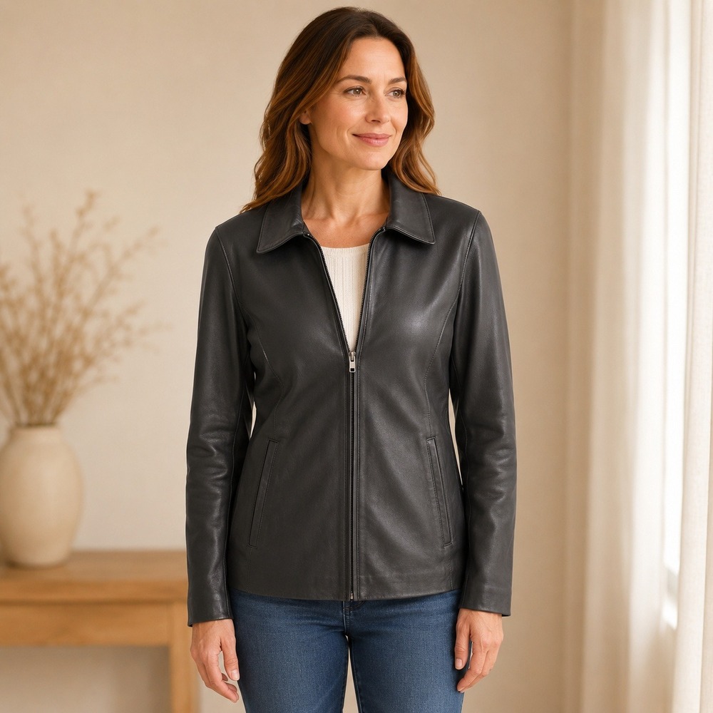 RO by Reilly Olmes Women's Large Black Genuine Leather Zip Front Jacket